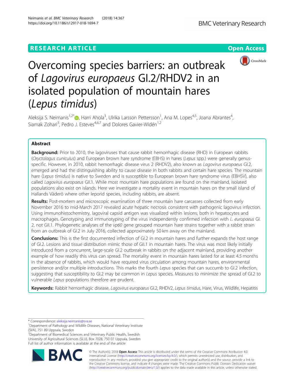 Overcoming Species Barriers: an Outbreak of Lagovirus Europaeus GI.2/RHDV2 in an Isolated Population of Mountain Hares (Lepus Timidus) Aleksija S