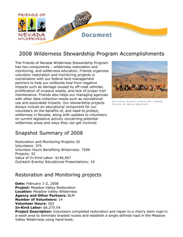 2008 Wilderness Stewardship Program Accomplishments