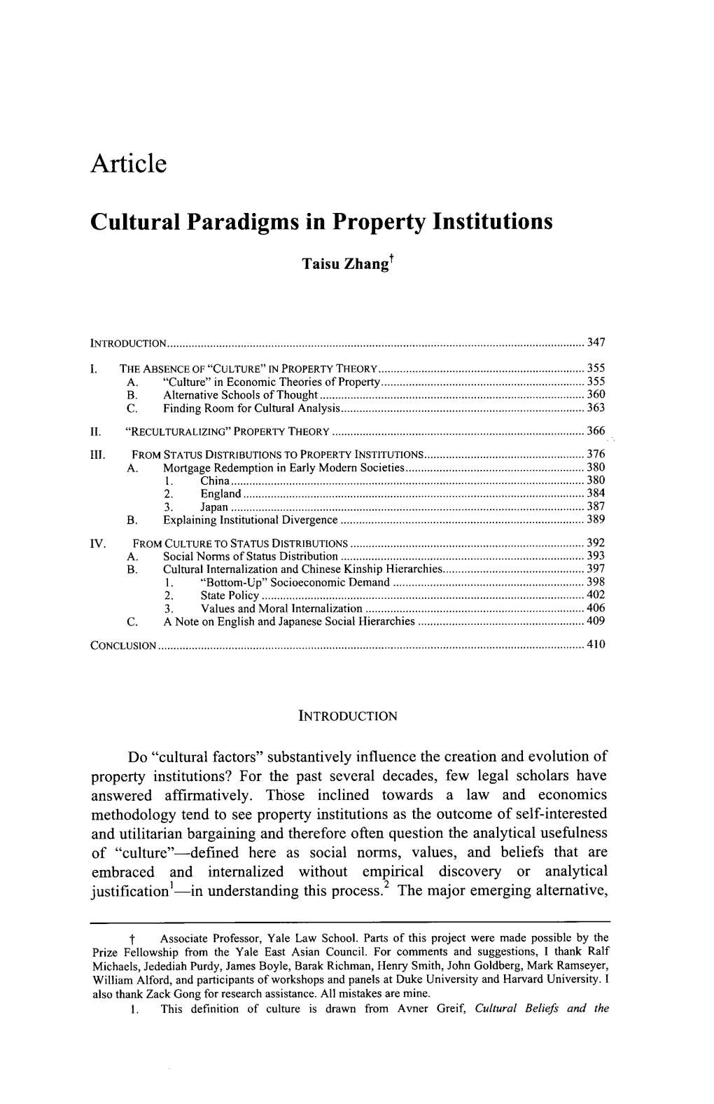 Cultural Paradigms in Property Institutions