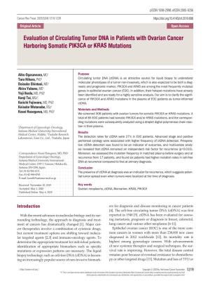 Evaluation of Circulating Tumor DNA in Patients with Ovarian Cancer Harboring Somatic PIK3CA Or KRAS Mutations