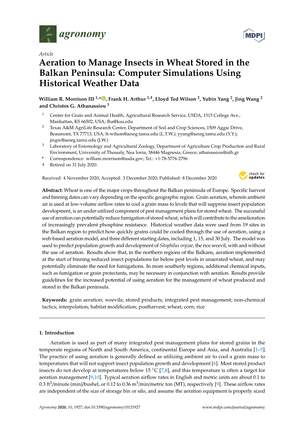 Aeration to Manage Insects in Wheat Stored in the Balkan Peninsula: Computer Simulations Using Historical Weather Data