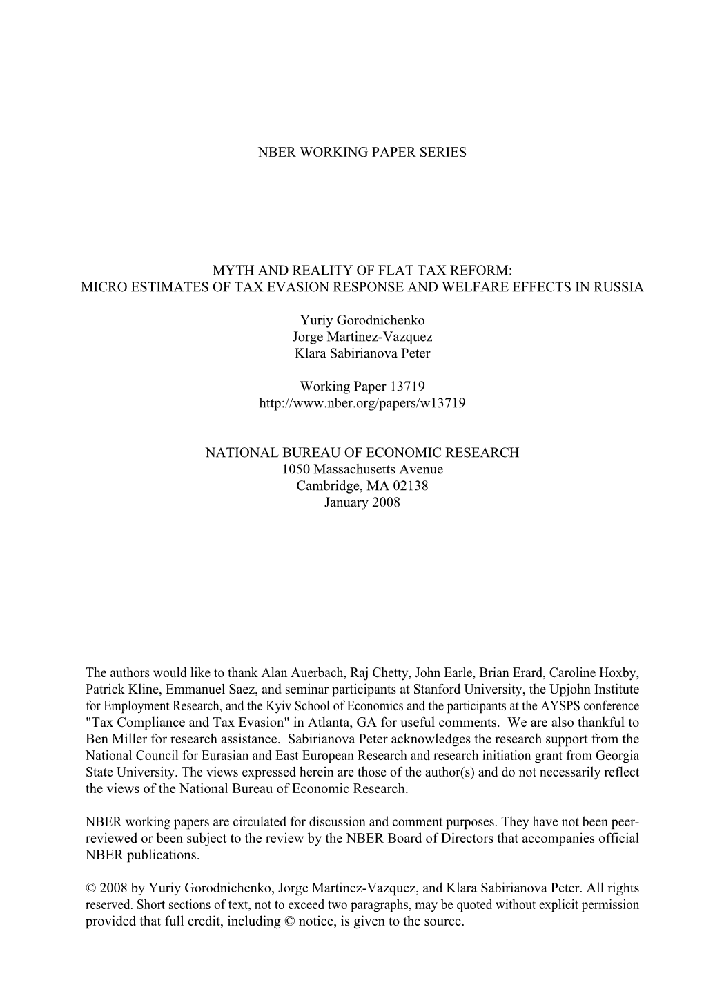 Myth and Reality of Flat Tax Reform: Micro Estimates of Tax Evasion Response and Welfare Effects in Russia