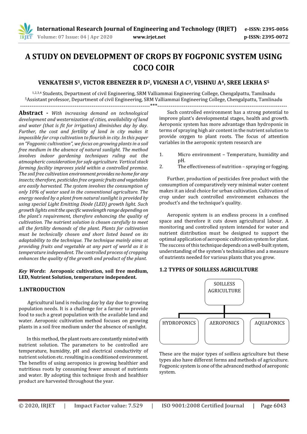 A Study on Development of Crops by Fogponic System Using Coco Coir