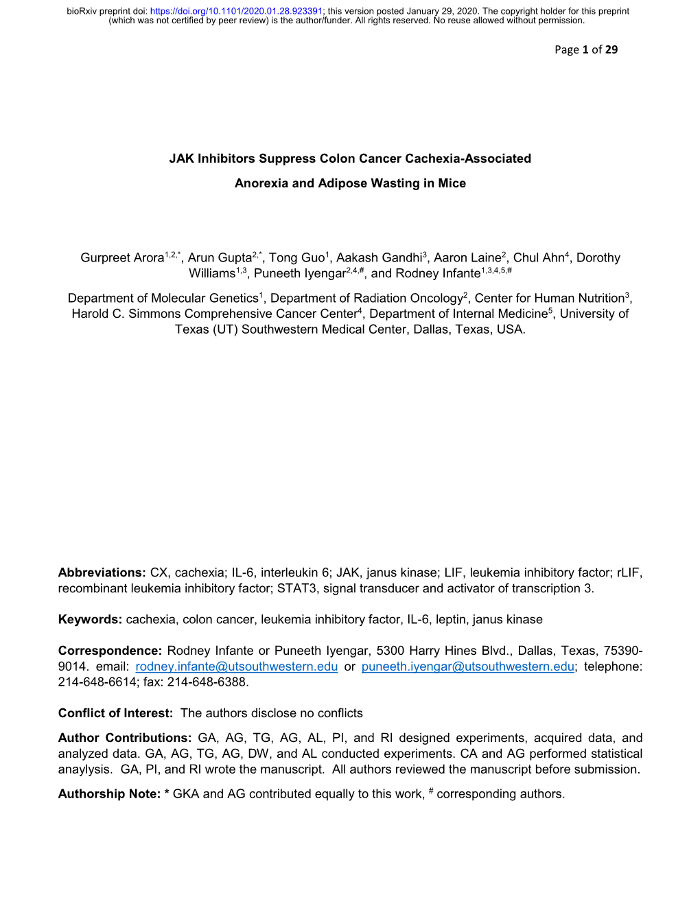 Page 1 of 29 JAK Inhibitors Suppress Colon Cancer Cachexia