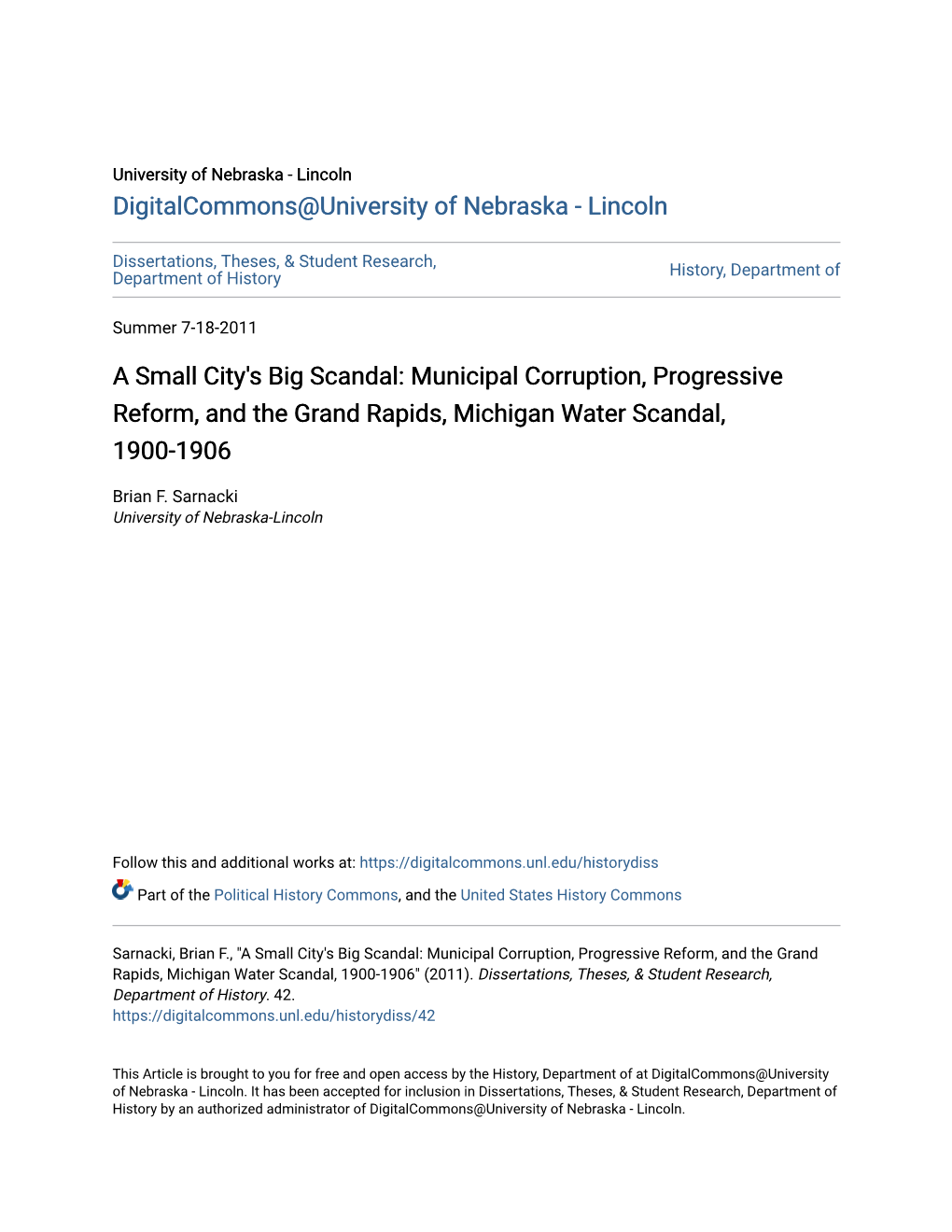 Municipal Corruption, Progressive Reform, and the Grand Rapids, Michigan Water Scandal, 1900-1906