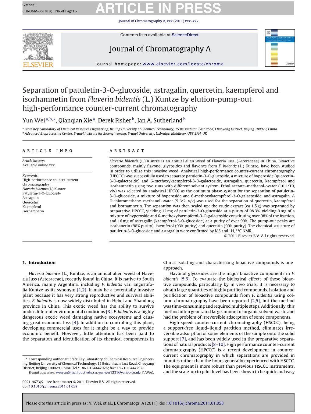 Separation of Patuletin-3-O-Glucoside, Astragalin, Quercetin, Kaempferol and Isorhamnetin from Flaveria Bidentis (L.) Kuntze By