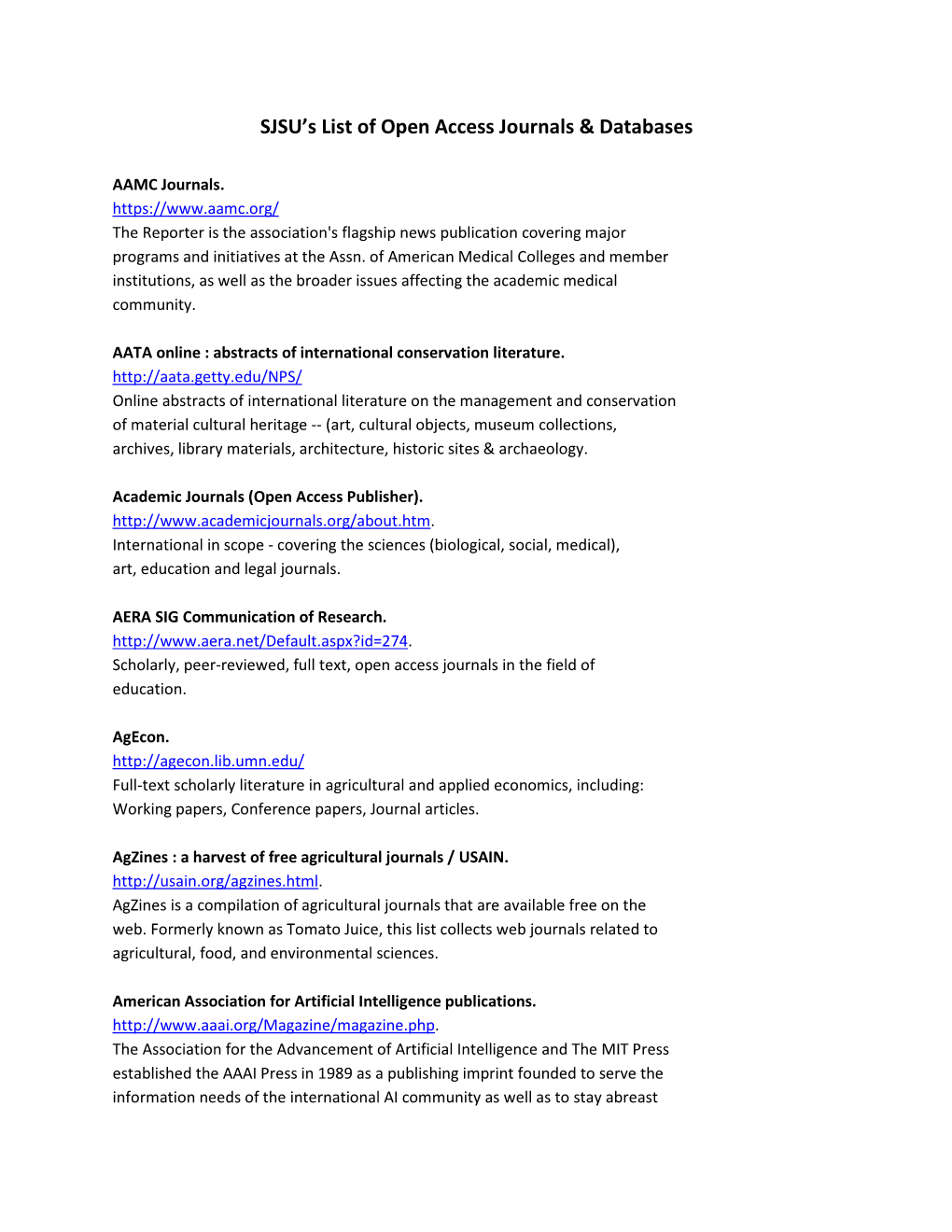 SJSU's List of Open Access Journals & Databases