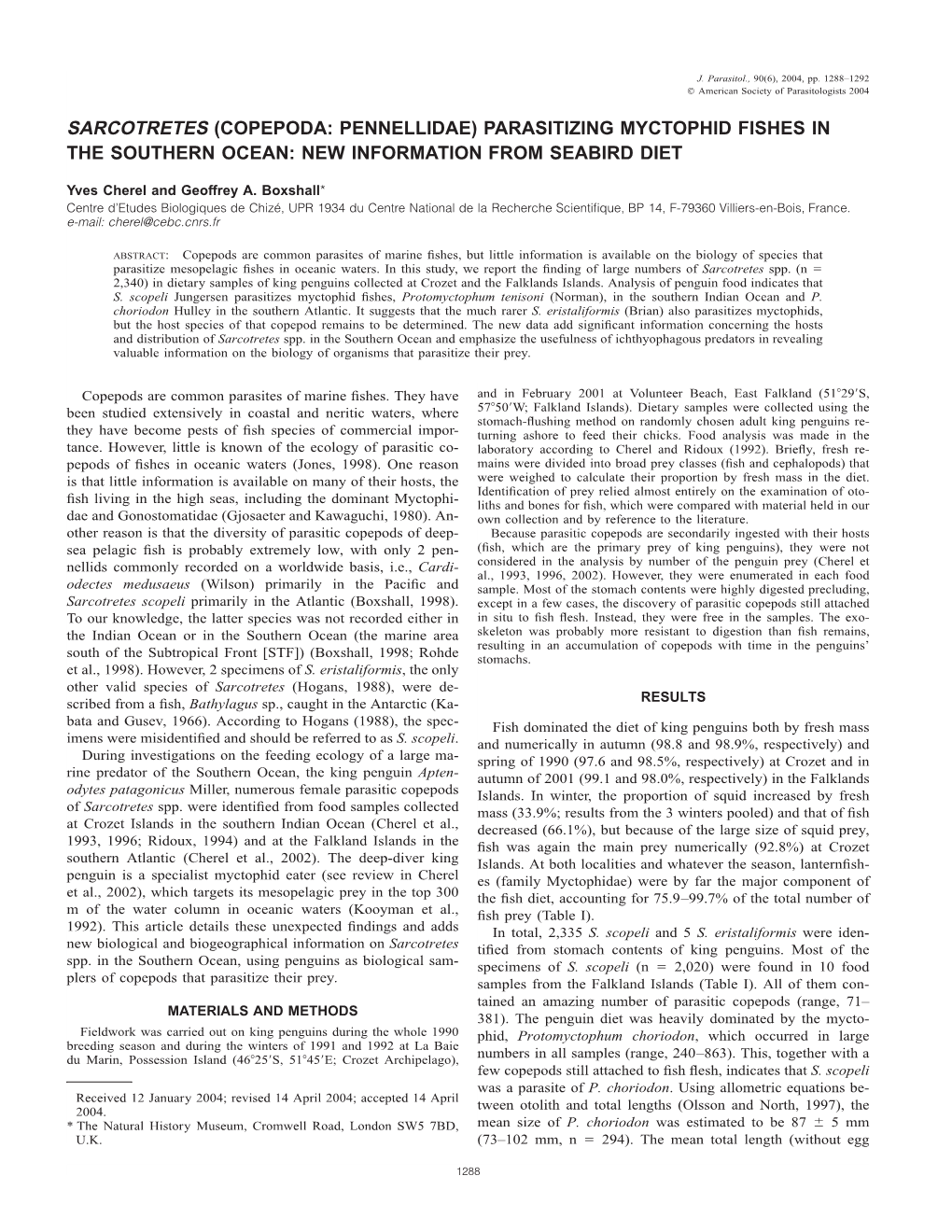 (Copepoda: Pennellidae) Parasitizing Myctophid Fishes in the Southern Ocean: New Information from Seabird Diet