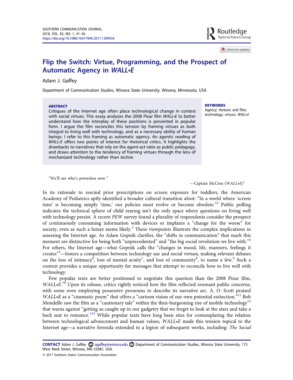 Flip the Switch: Virtue, Programming, and the Prospect of Automatic Agency in WALL•E Adam J