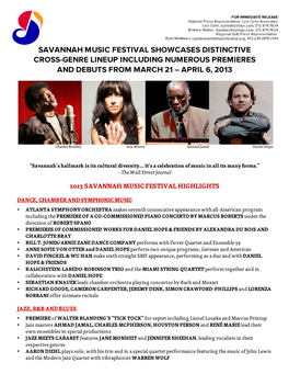 Savannah Music Festival Showcases Distinctive Cross-Genre Lineup Including Numerous Premieres and Debuts from March 21 – April 6, 2013