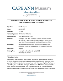 The American Sublime in Trans-Atlantic Perspective Lecture Finding Aid & Transcript
