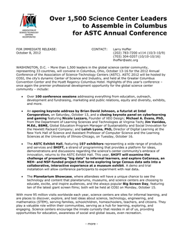 Over 1,500 Science Center Leaders to Assemble in Columbus for ASTC Annual Conference