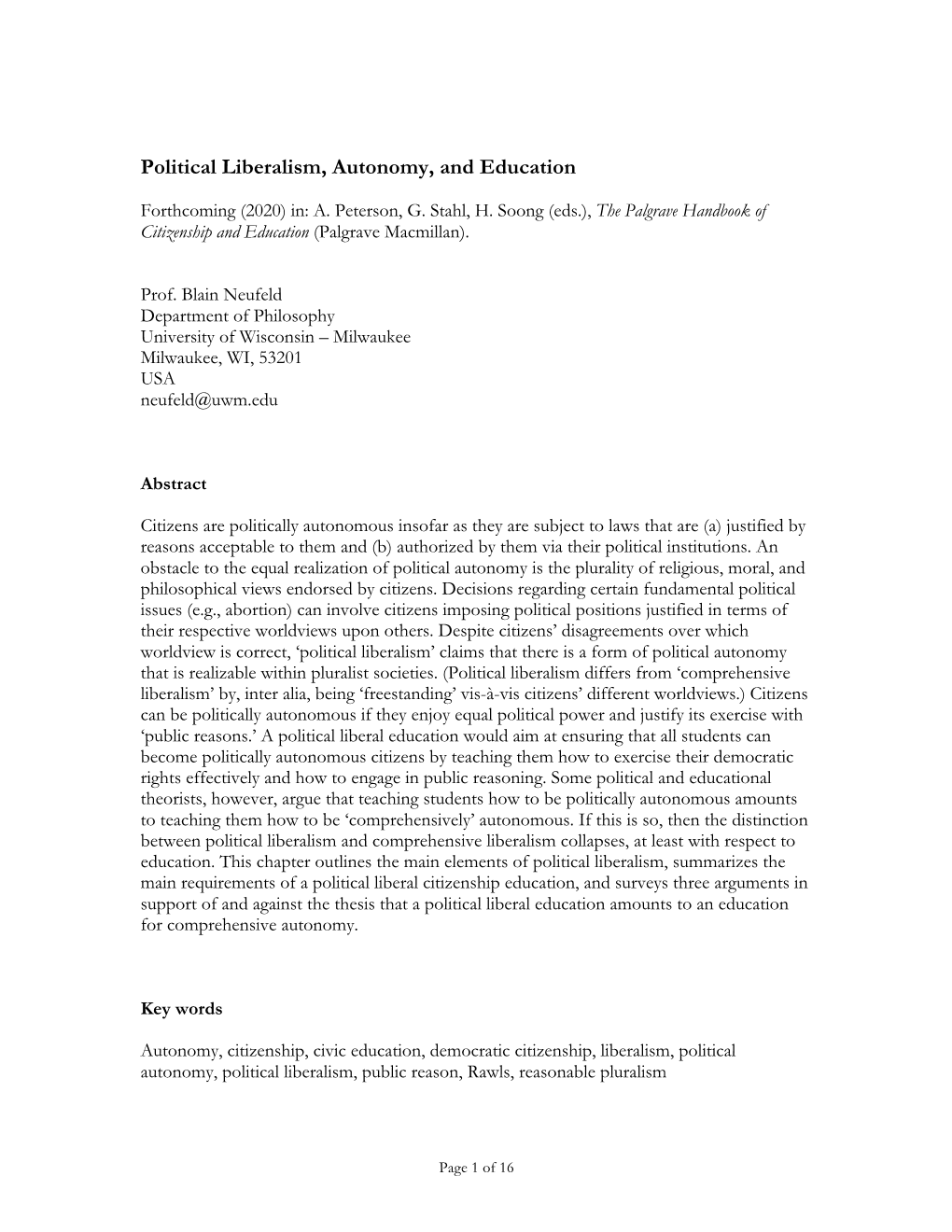Political Liberalism, Autonomy, and Education