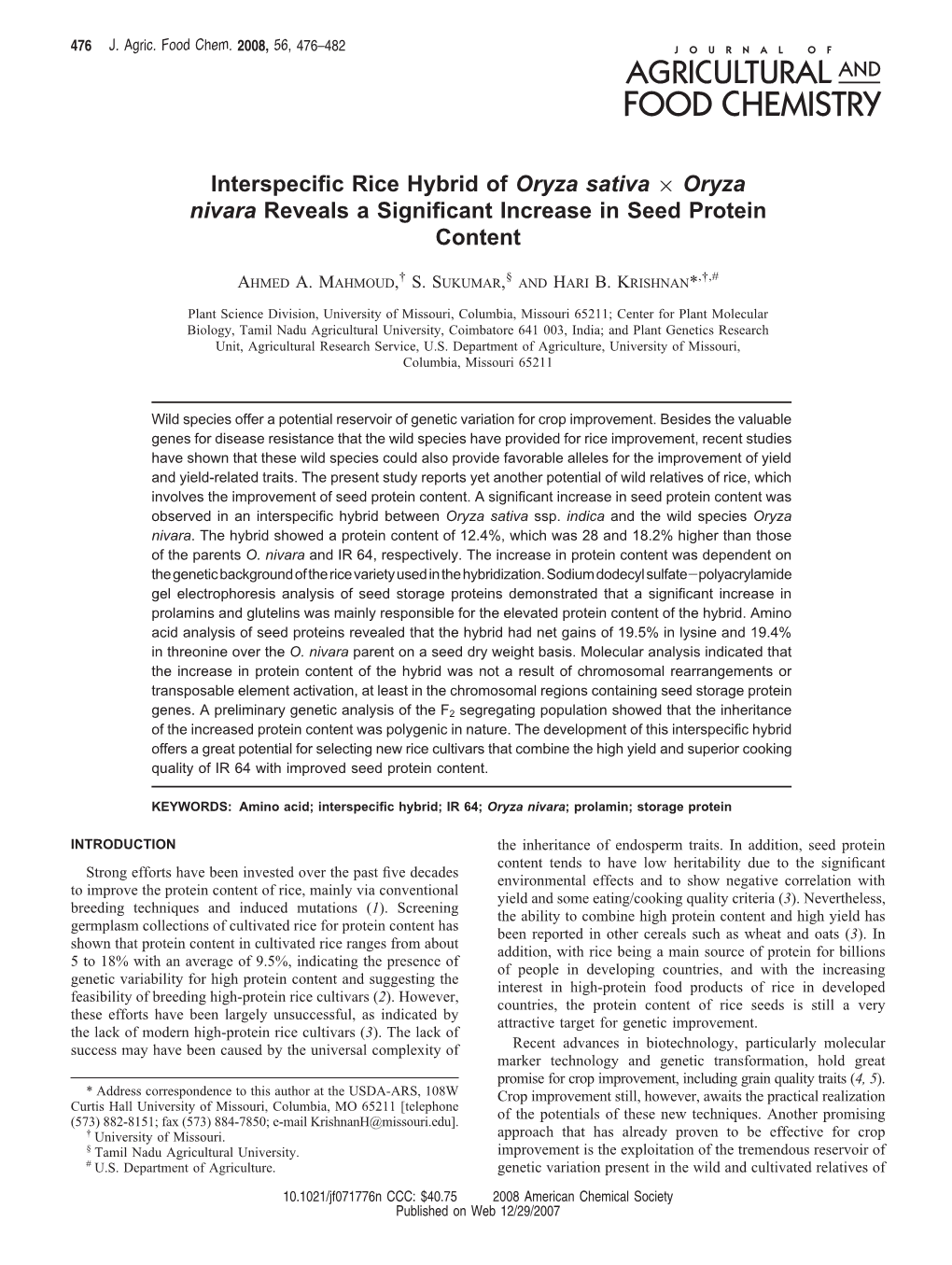 Interspecific Rice Hybrid of Oryza Sativa × Oryza Nivara Reveals A