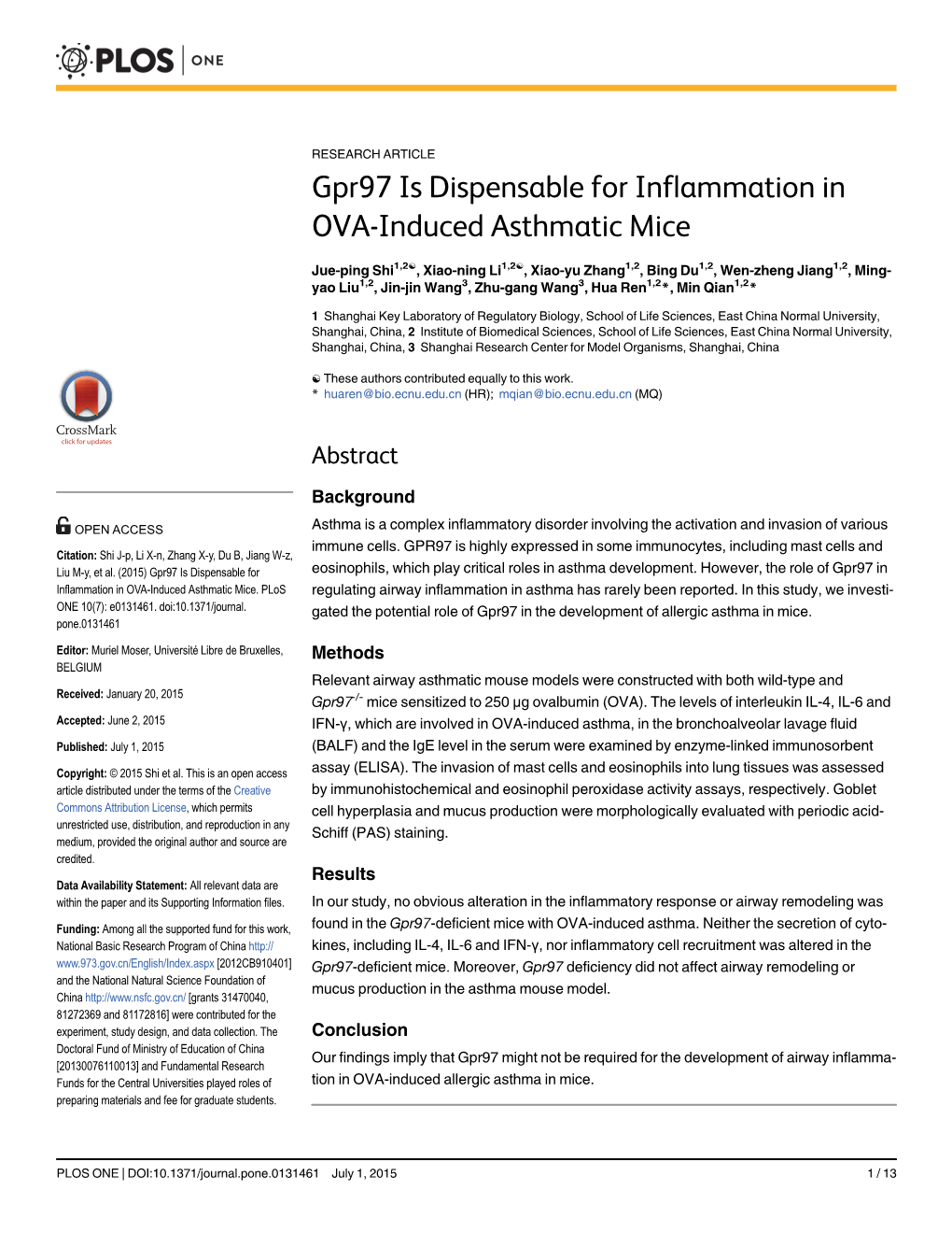 Gpr97 Is Dispensable for Inflammation in OVA-Induced Asthmatic Mice