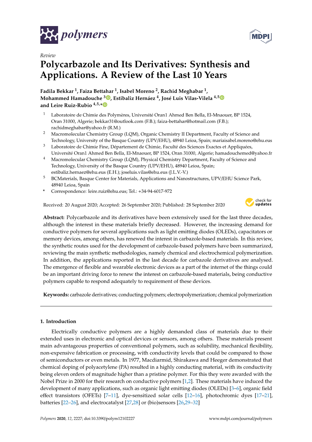 Polycarbazole and Its Derivatives: Synthesis and Applications