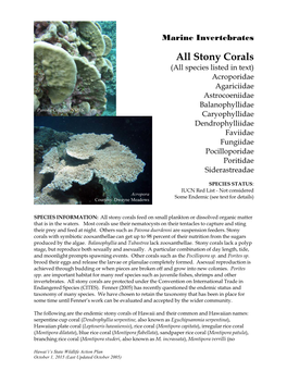 All Stony Corals (All Species Listed in Text)