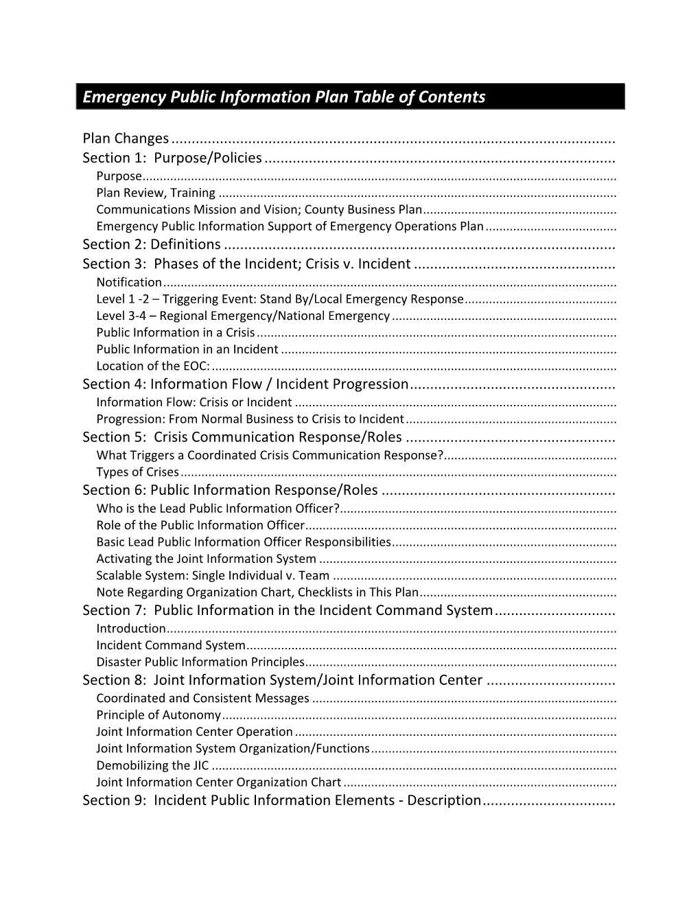 Emergency Public Information Plan Table of Contents