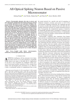 All-Optical Spiking Neuron Based on Passive Microresonator Jinlong Xiang , Axel Torchy, Xuhan Guo , and Yikai Su , Senior Member, IEEE