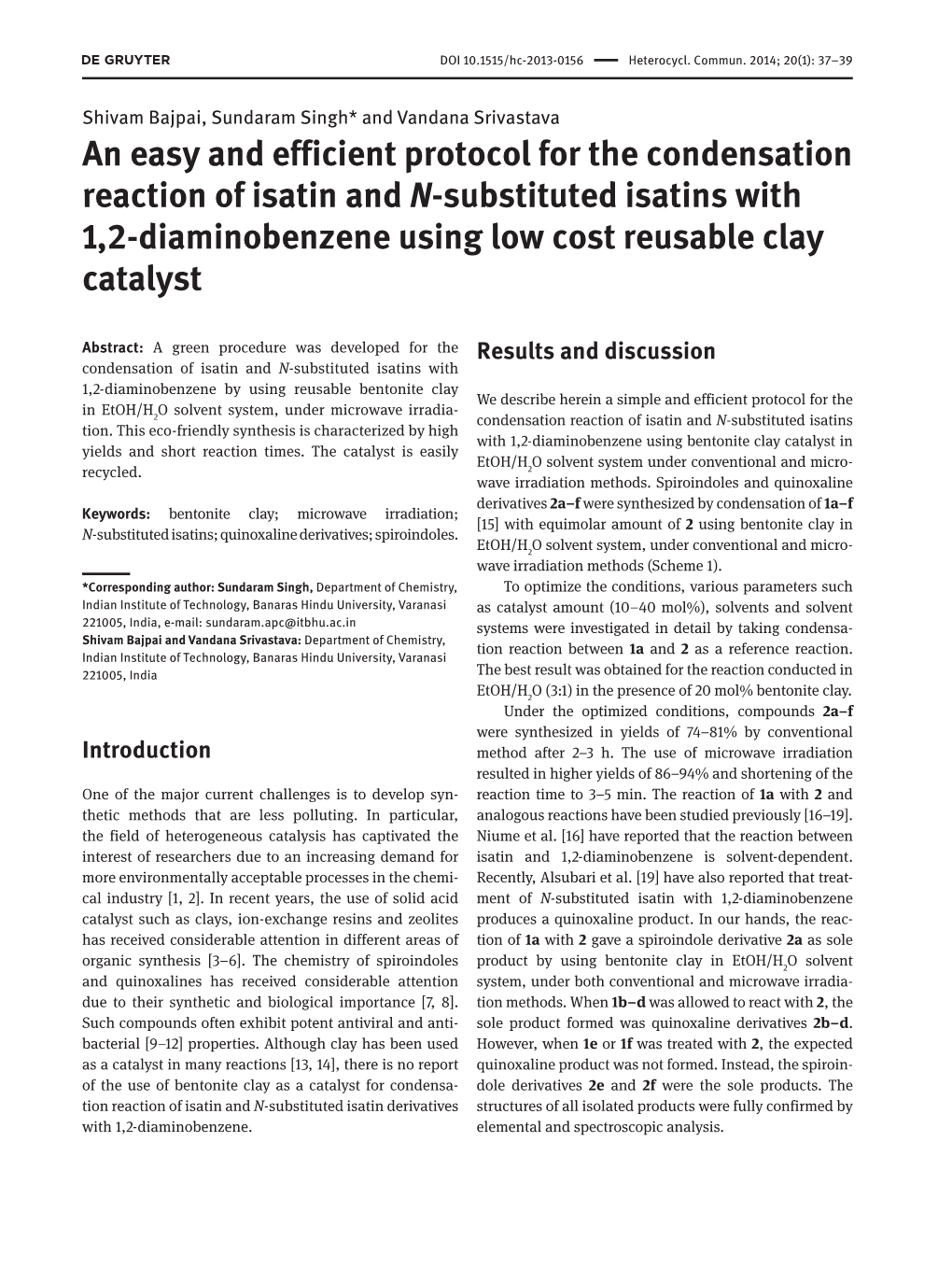 An Easy and Efficient Protocol for the Condensation Reaction of Isatin and N-Substituted Isatins with 1,2-Diaminobenzene Using Low Cost Reusable Clay Catalyst