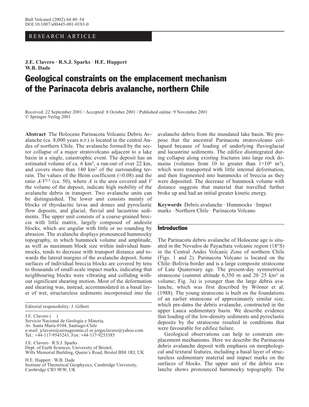 Geological Constraints on the Emplacement Mechanism of the Parinacota Debris Avalanche, Northern Chile