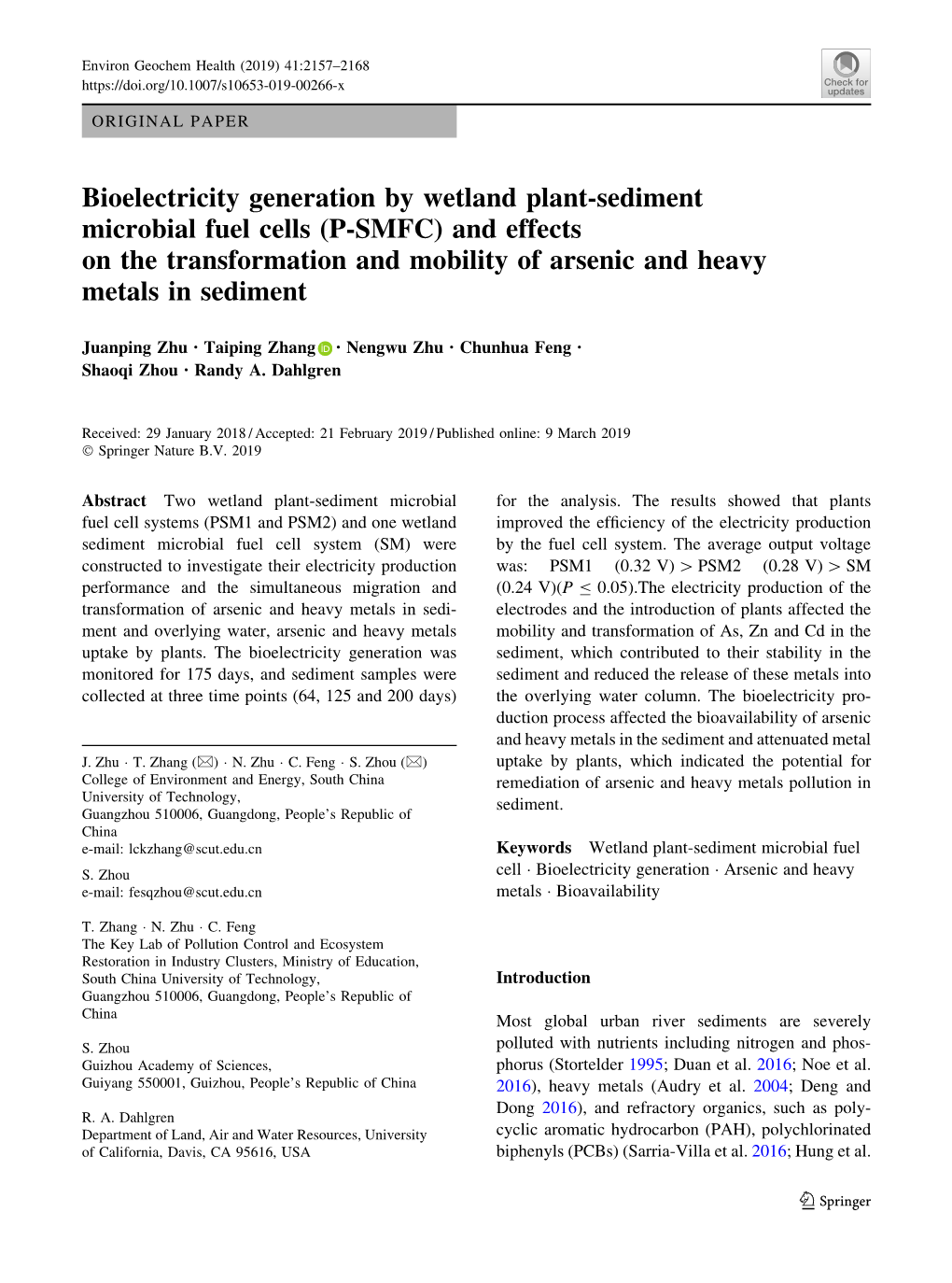 Bioelectricity Generation by Wetland Plant-Sediment