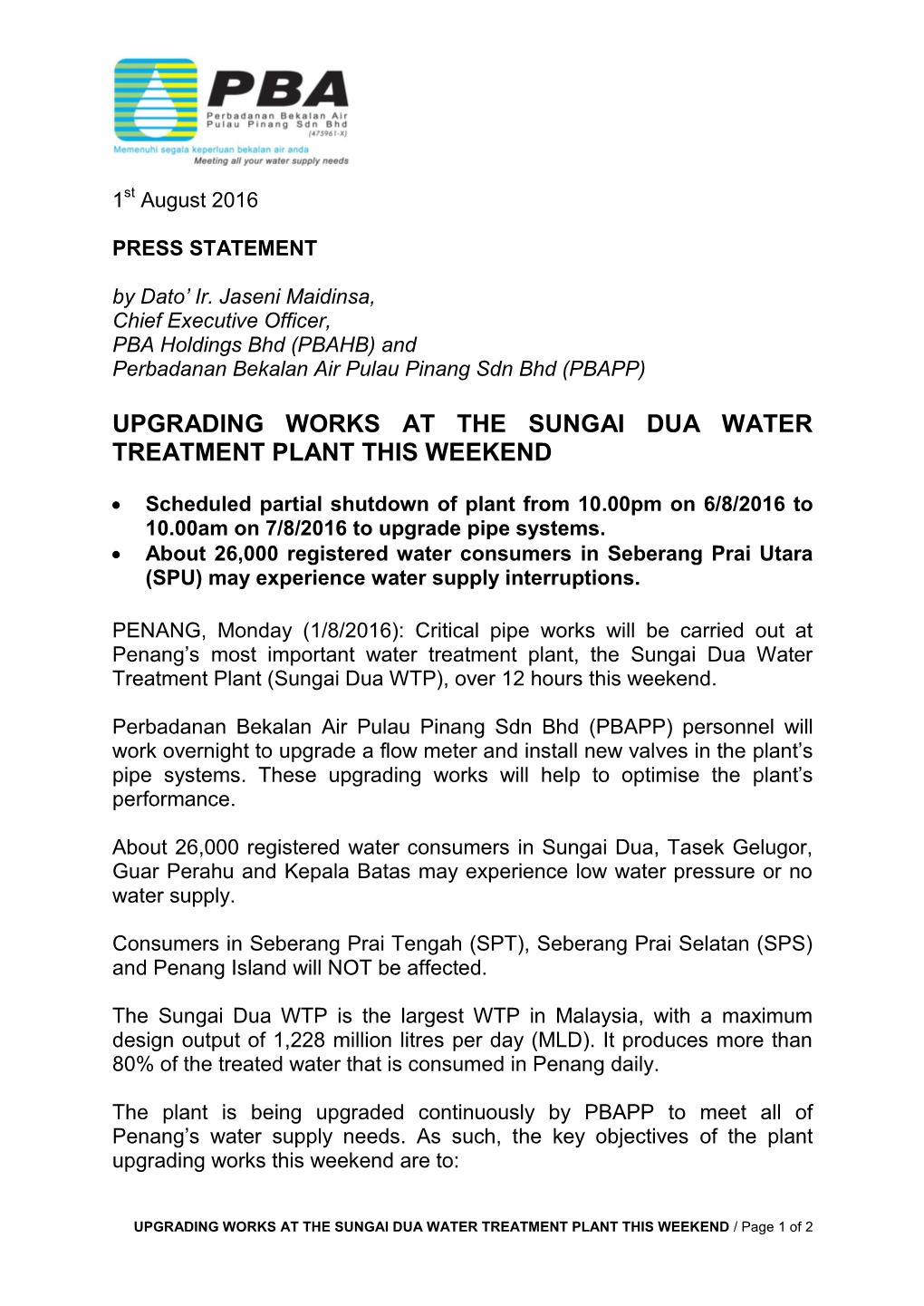 Upgrading Works at the Sungai Dua Water Treatment Plant This Weekend