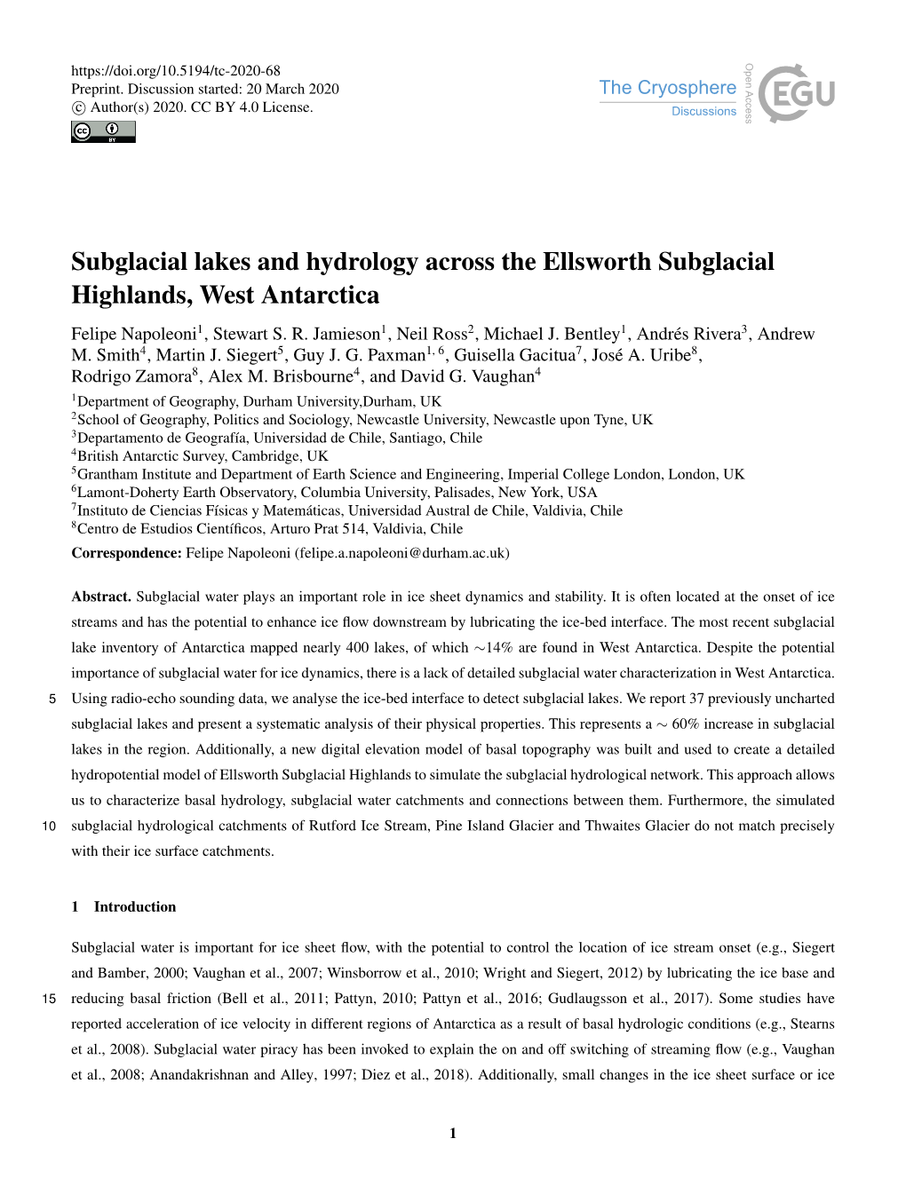 Subglacial Lakes and Hydrology Across the Ellsworth Subglacial Highlands, West Antarctica Felipe Napoleoni1, Stewart S