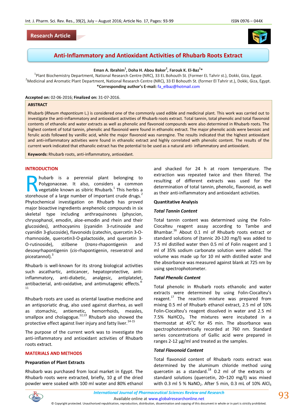 Anti-Inflammatory and Antioxidant Activities of Rhubarb Roots Extract