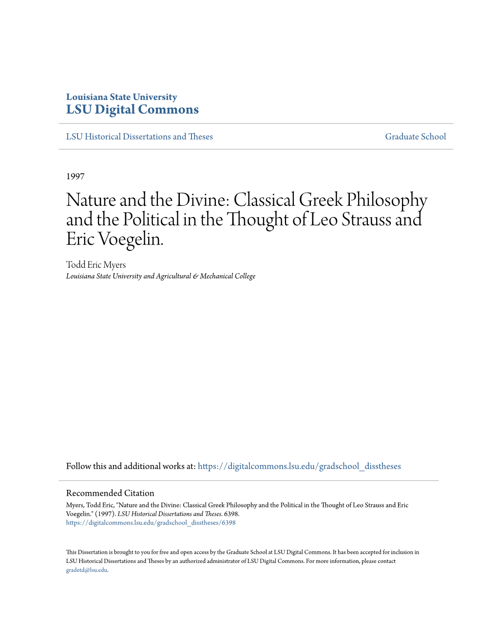 Nature and the Divine: Classical Greek Philosophy and the Political in the Thought of Leo Strauss and Eric Voegelin