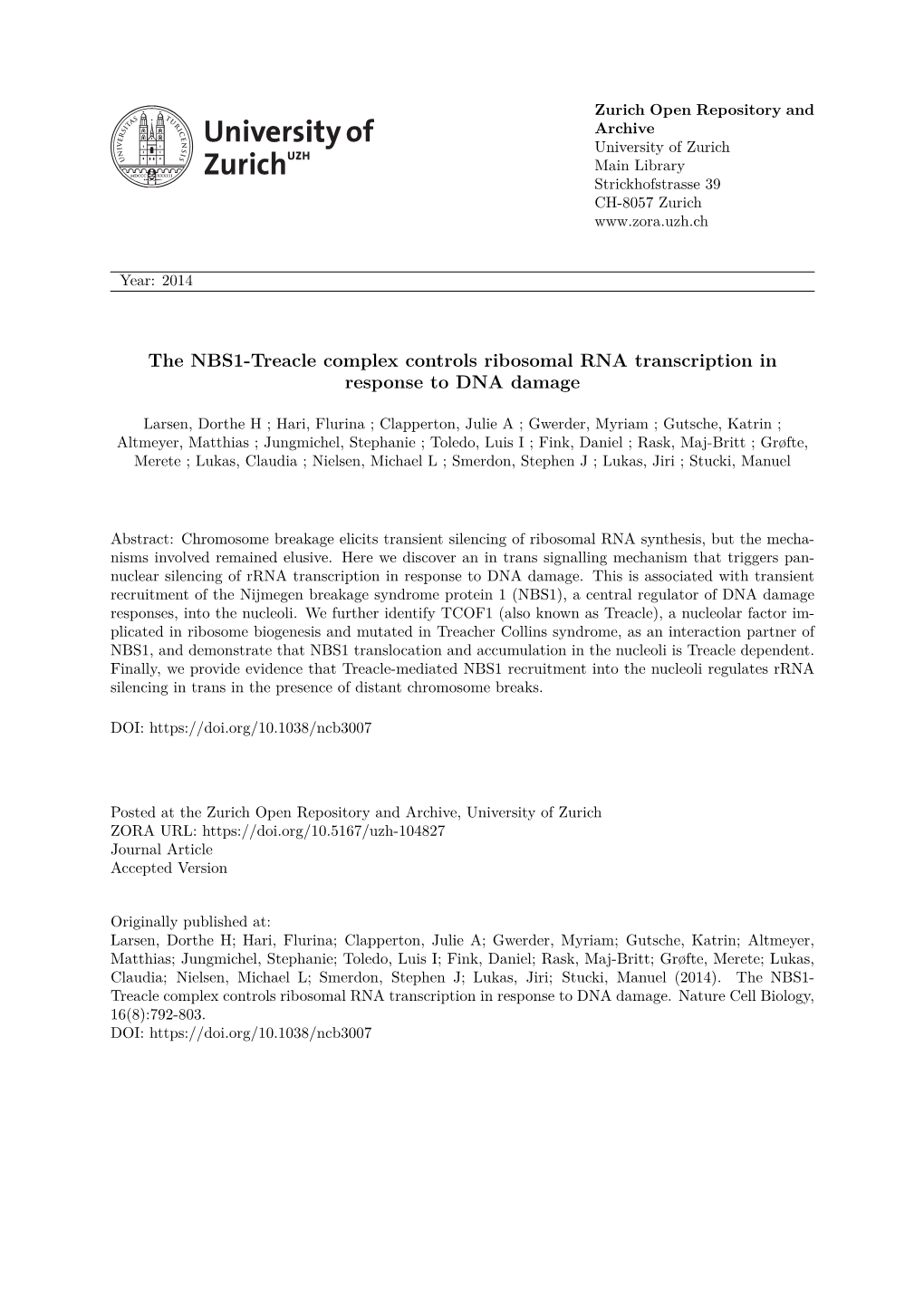 The NBS1-Treacle Complex Controls Ribosomal RNA Transcription in Response to DNA Damage