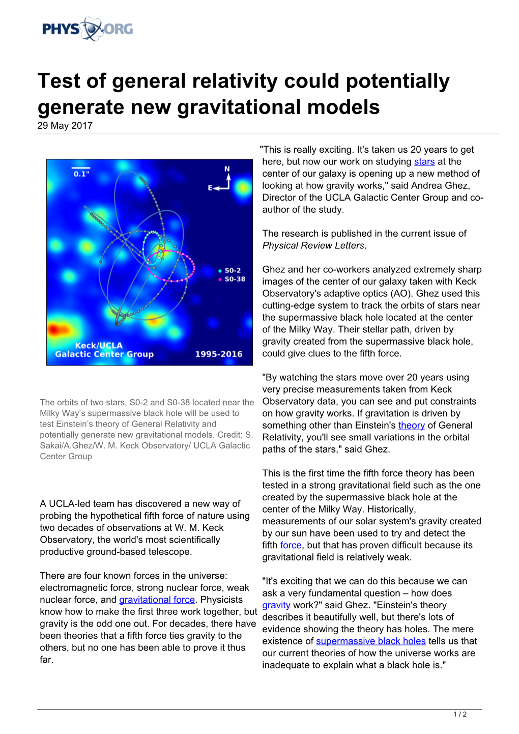 Test of General Relativity Could Potentially Generate New Gravitational Models 29 May 2017