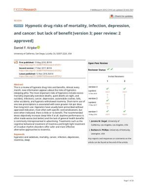 Hypnotic Drug Risks of Mortality, Infection, Depression, and Cancer: but Lack of Benefit [Version 3; Peer Review: 2 Approved]