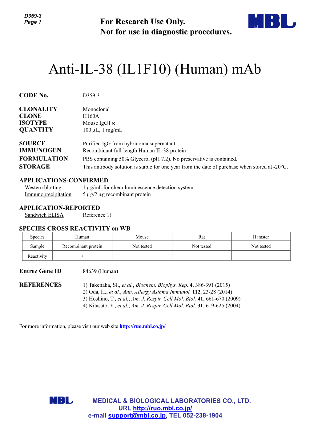 Anti-IL-38 (IL1F10) (Human) Mab