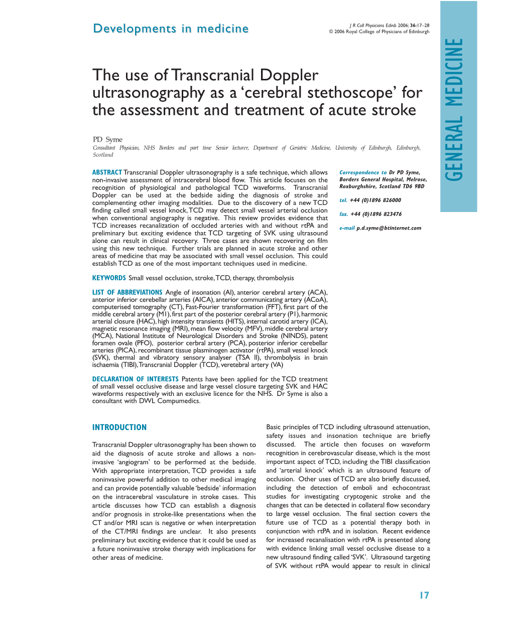 The Use of Transcranial Doppler As a 'Cerebral Stethoscope'