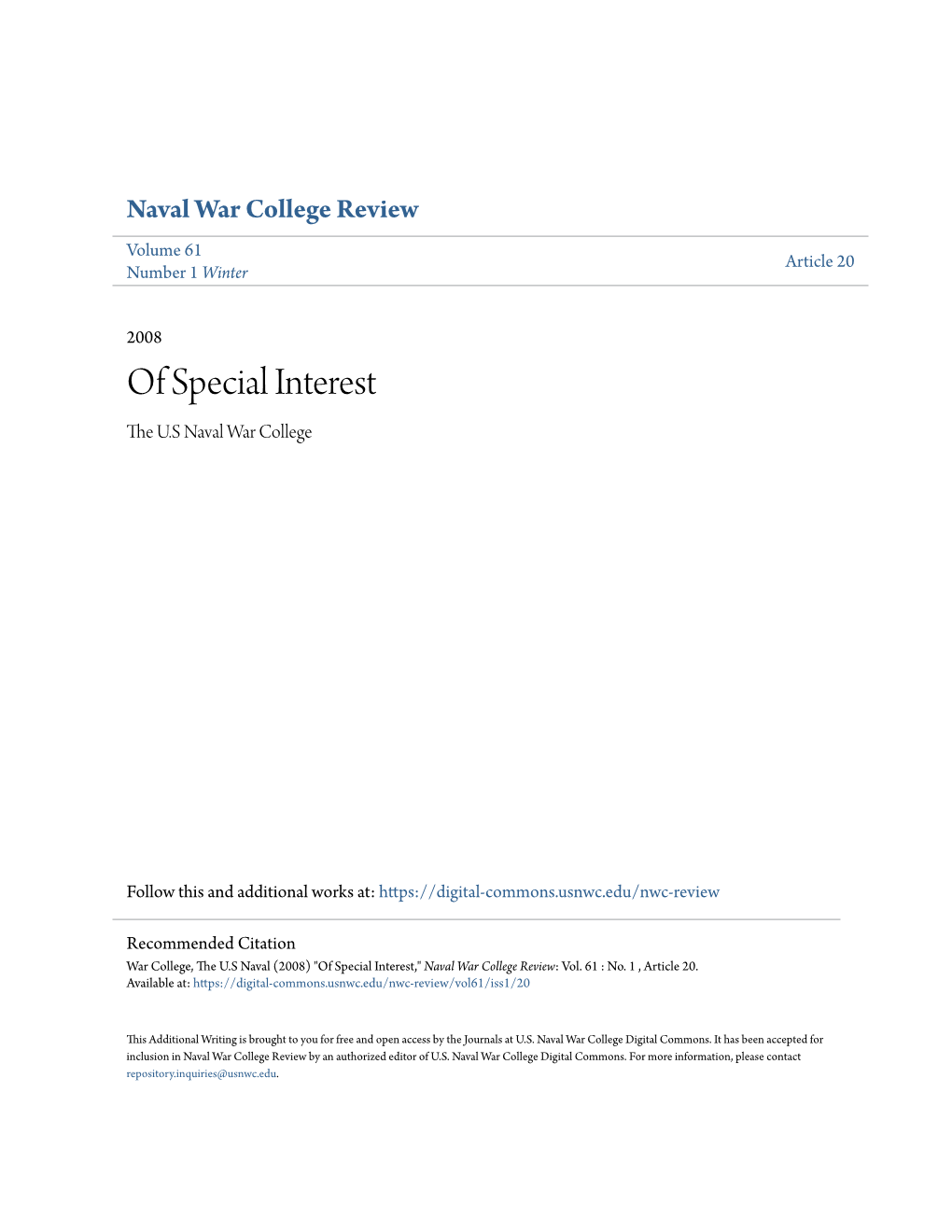 Of Special Interest the .SU Naval War College