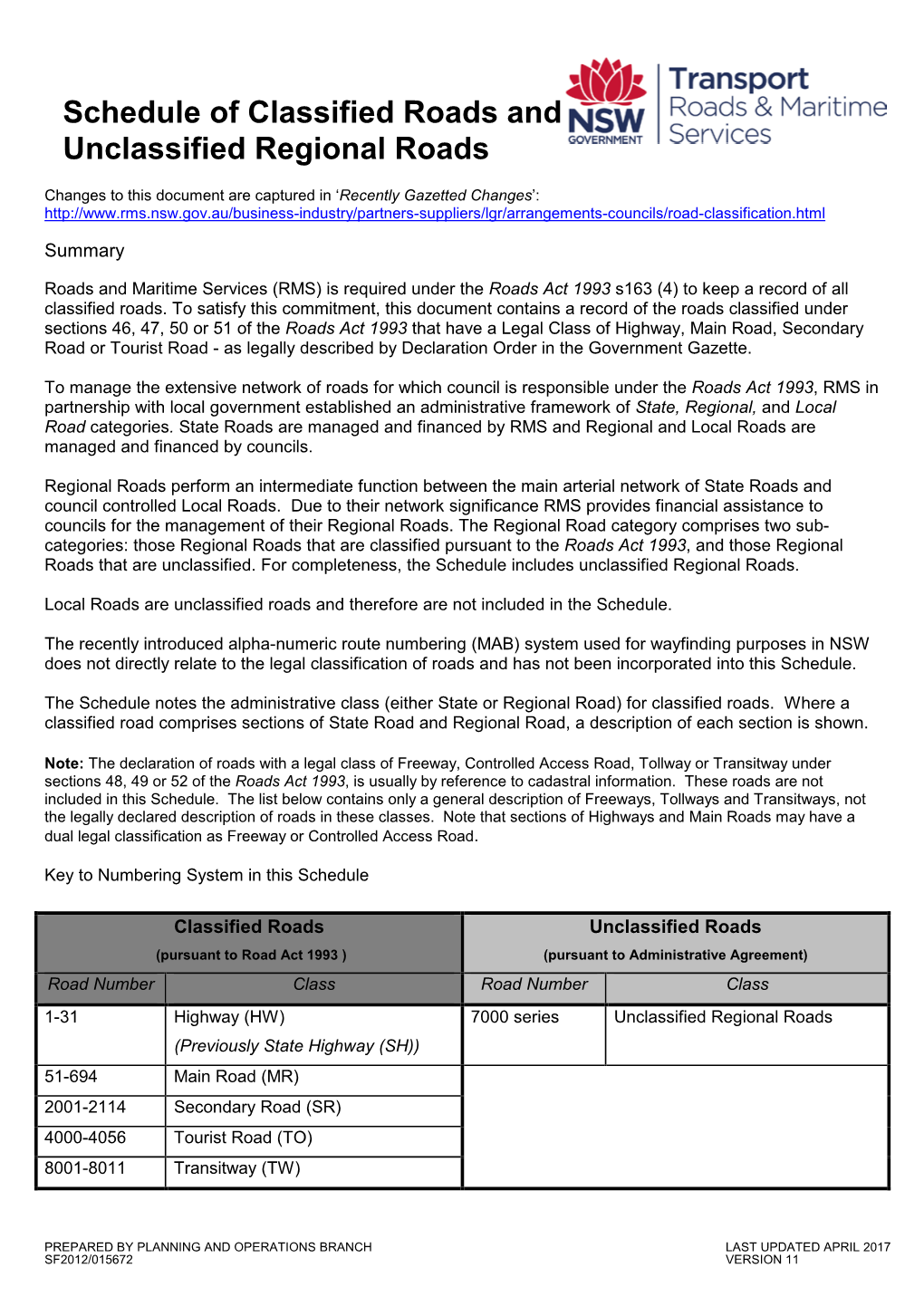 Schedule of Classified Roads and State and Regional Roads