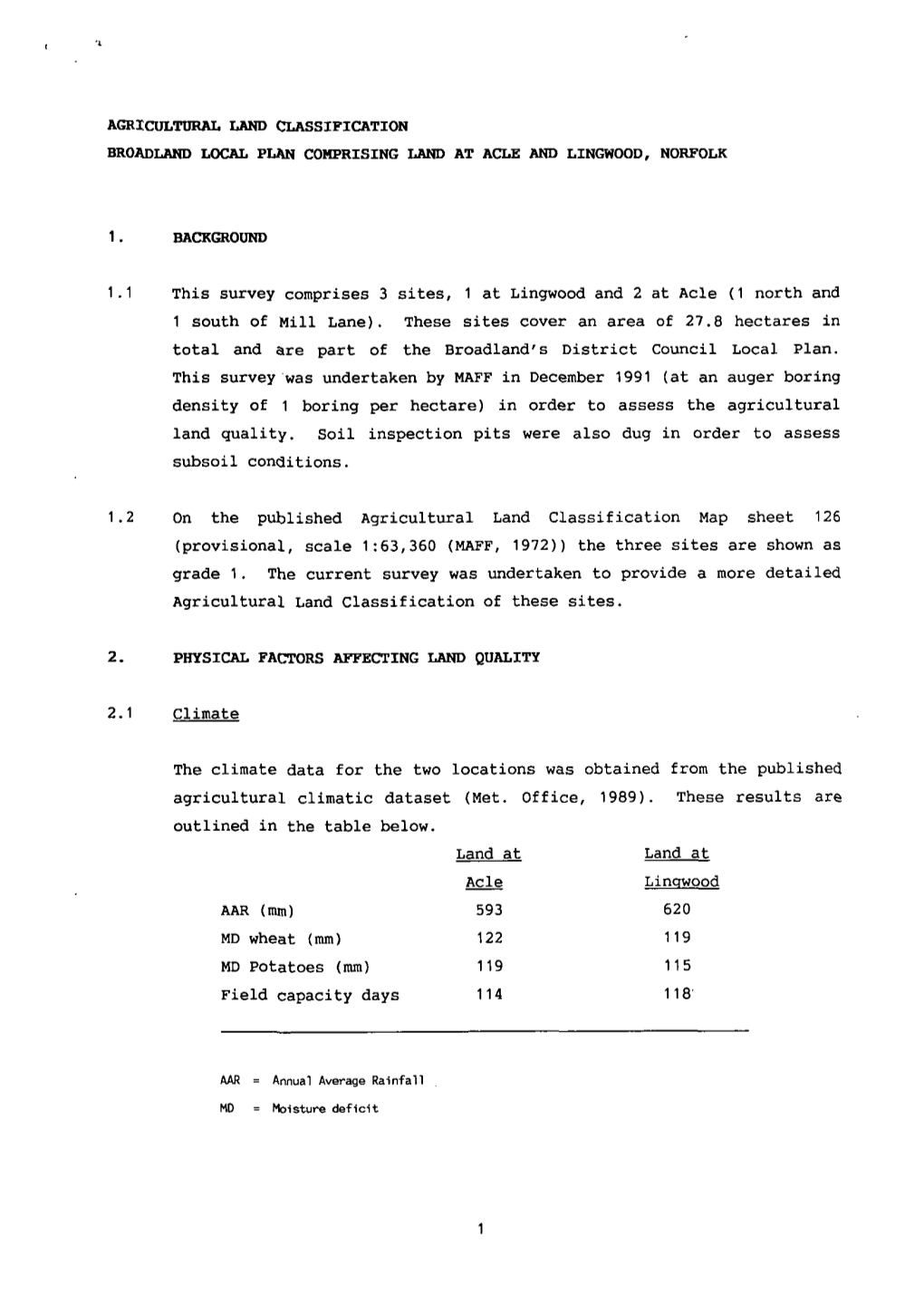 Agricultural Land Classification Broadland Local Plan Comprising Land at Acle and Lingwood, Norfolk