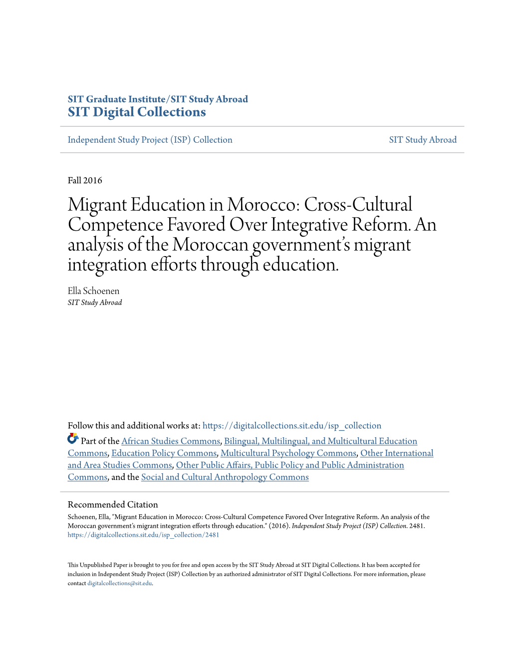 Migrant Education in Morocco: Cross-Cultural Competence Favored Over Integrative Reform