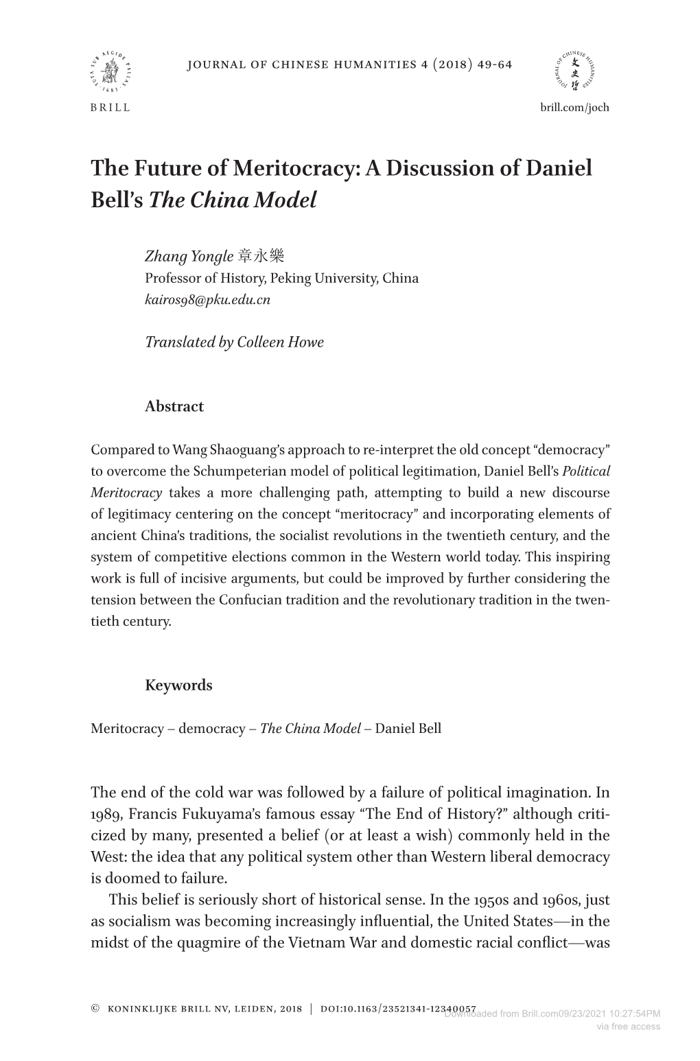 The Future of Meritocracy: a Discussion of Daniel Bell’S the China Model