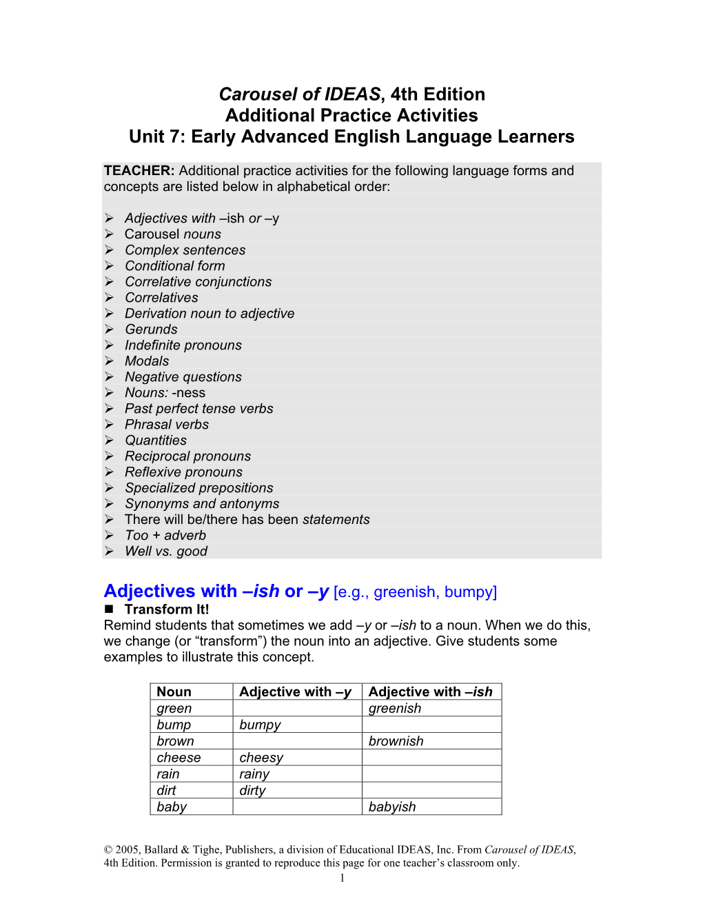 Carousel of IDEAS, 4Th Edition Additional Practice Activities Unit 7: Early Advanced English Language Learners