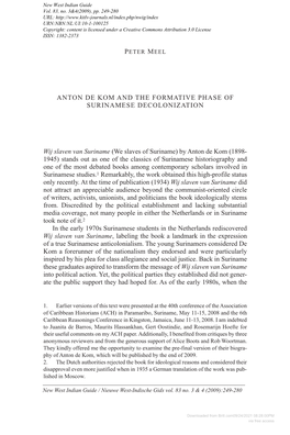 Anton De Kom and the Formative Phase of Surinamese Decolonization