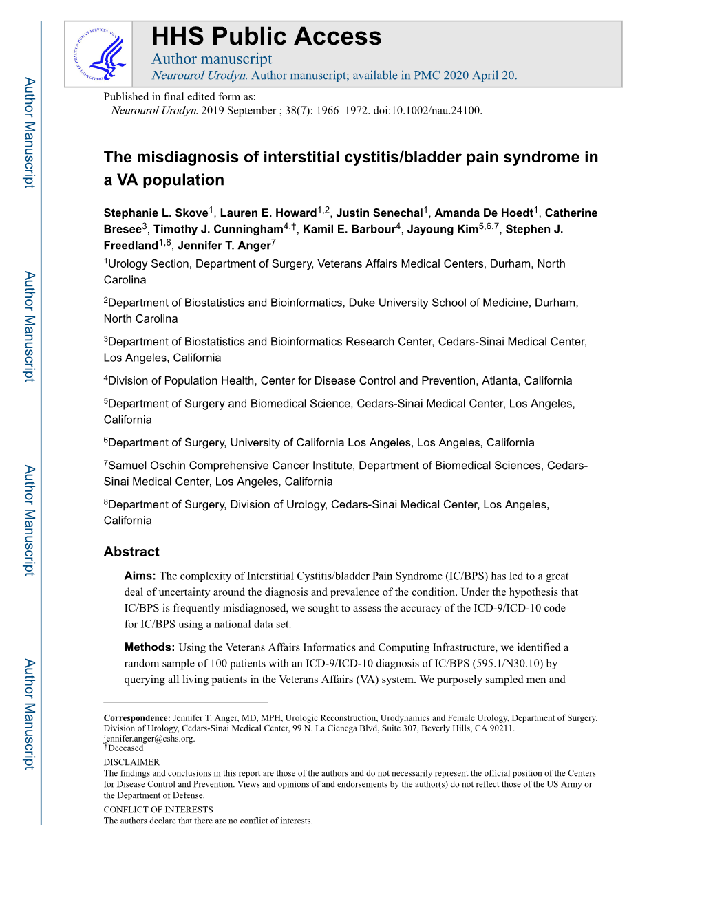 The Misdiagnosis of Interstitial Cystitis/Bladder Pain Syndrome in a VA Population