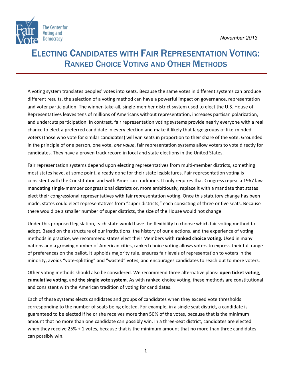 Electing Candidates with Fair Representation Voting: Ranked Choice Voting and Other Methods