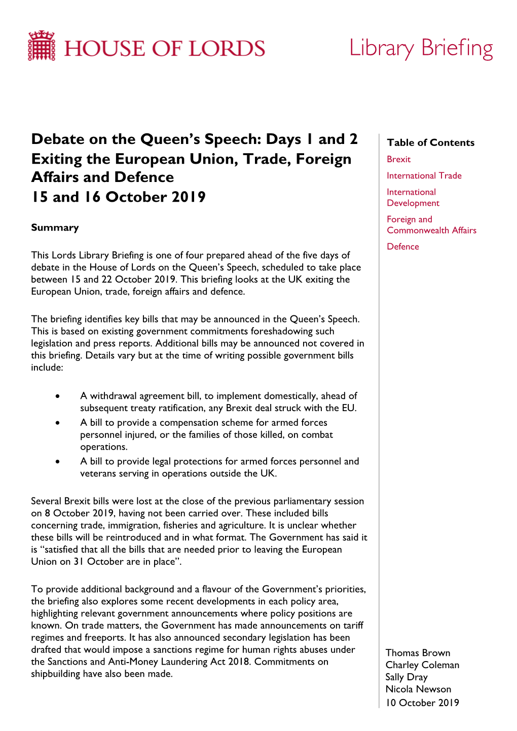 Debate on the 2019 Queen's Speech in the House of Lords