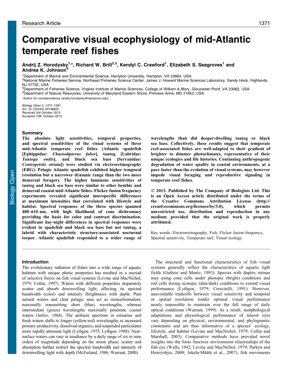 Comparative Visual Ecophysiology of Mid-Atlantic Temperate Reef Fishes