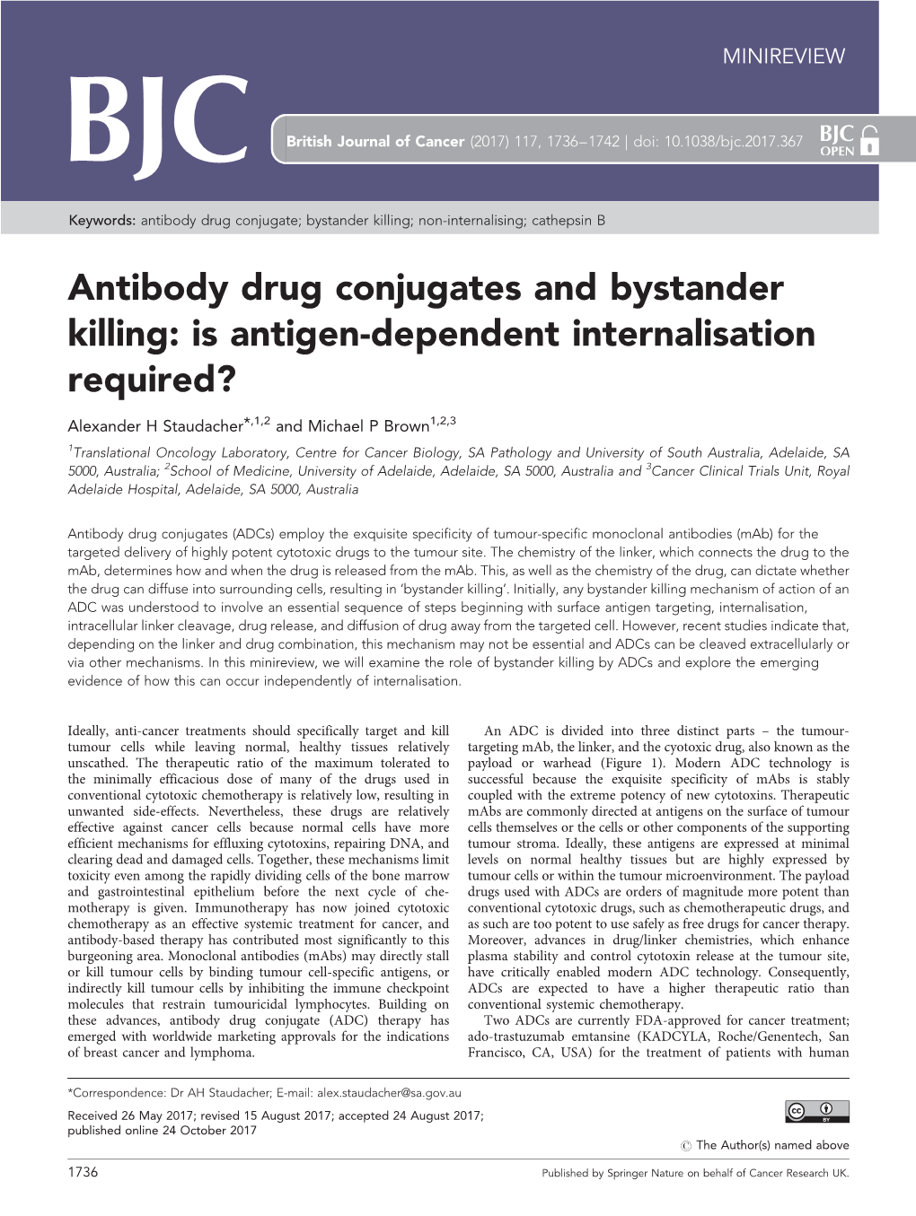 Antibody Drug Conjugates and Bystander Killing: Is Antigen-Dependent Internalisation Required?