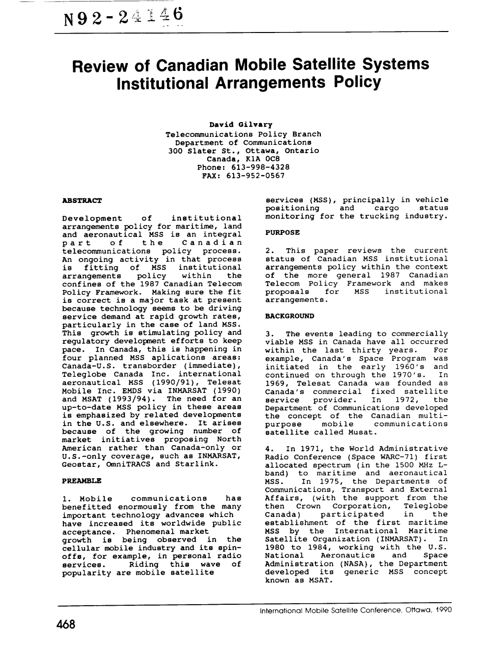 Review of Canadian Mobile Satellite Systems Institutional Arrangements Policy