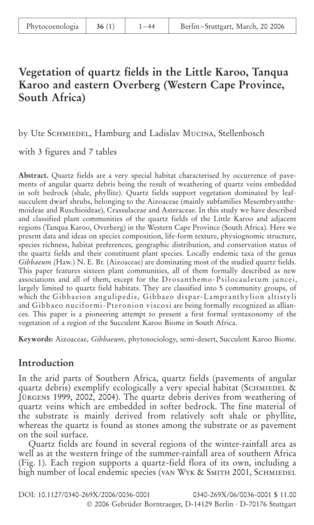 Vegetation of Quartz Fields in the Little Karoo, Tanqua Karoo and Eastern Overberg (Western Cape Province, South Africa)