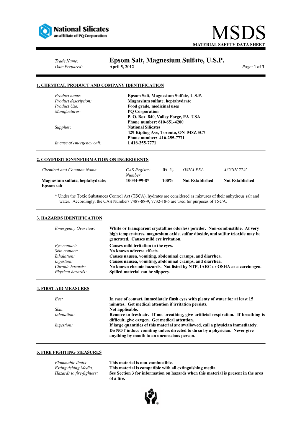 Epsom Salt, Magnesium Sulfate, U.S.P. MSDS